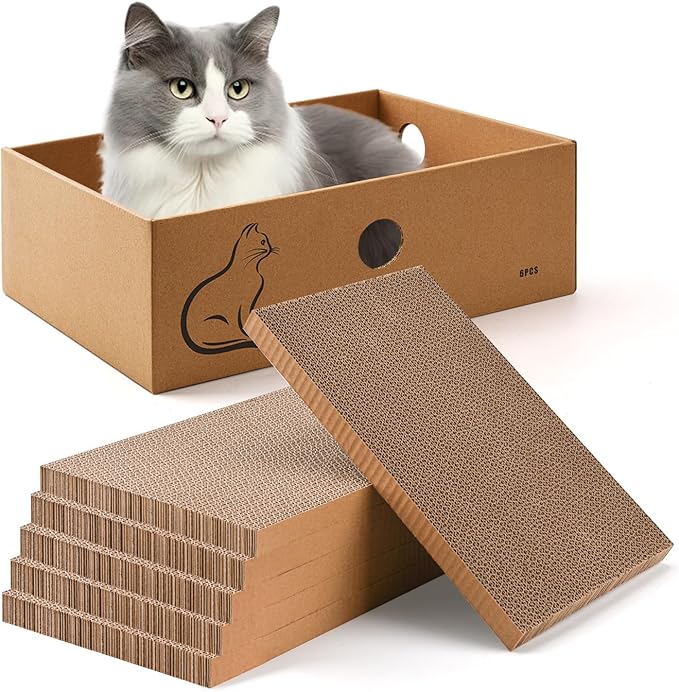 AUSCAT Cat Scratcher Box with 6PCS Cat Scratching Board, Cardboard Cat Scratchers for Indoor Cats, Reversible Cat Scratch Pads for Small Medium Kittens, 14.6" L x 10.9" W x 5.2" H