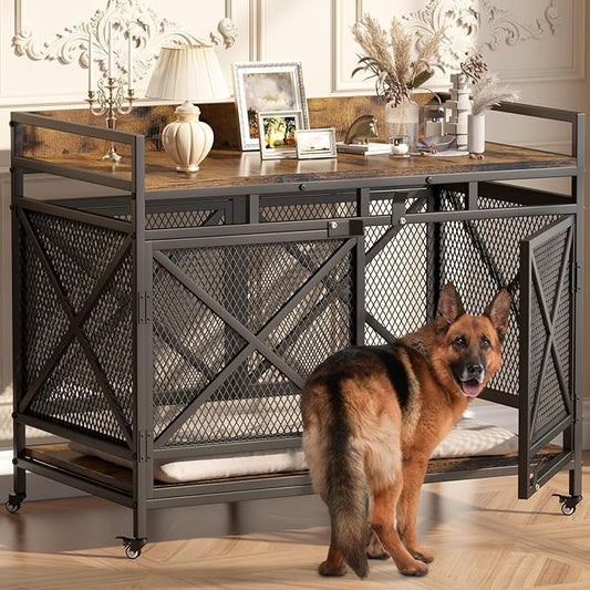 COZPAW Large Dog Crate Furniture, 48 Inch Wooden Dog Kennel for XLarge Dogs, Heavy Duty Dogs Furniture Indoor Wire Dog Cage with Caster Wheels, Decorative Pet House End Table, Brown