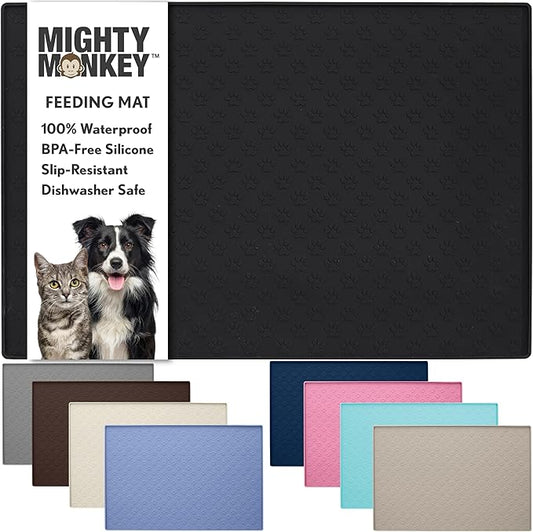MIGHTY MONKEY 100% Waterproof Dog Food Mat, Raised Edges Silicone Pet Feeding Placemat for Cat, Dogs, Pet Bowls, High Lipped Tray Prevents Water Spills, Food on Floor, Dishwasher Safe, 24x16, Black