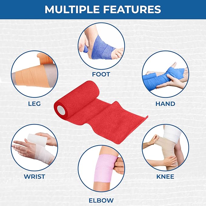 Self Adhesive Bandage Wrap - Pack of 12 Assorted Colors, Non-Woven, Breathable & Water-Resistant Vet Wrap for First Aid, Sports Injury, Body Sprains, & Pets - 4 Inch x 5 Yards