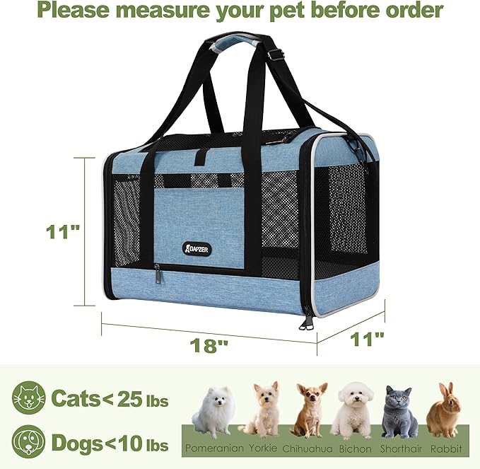 Cat Carrier 18 x 11 x 11 Top Loading Soft-Sided Pet Travel Bag Over 15lbs, Portable Small Dog Puppy Car Crate 10 lbs, Chihuahua Kennel Carry Case, Kitty Cloth Cage Medium Cat Under 25 Blue