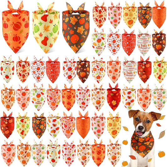Abbylike 50 Pcs Fall Dog Bandanas Bulk Pumpkin Bandanas for Dogs Triangle Kerchief Bibs Scarf for Small Medium Large Pets Autumn Thanksgiving Costume Accessories, 25 Styles (25.6 x 17.7 x 17.7 Inch)