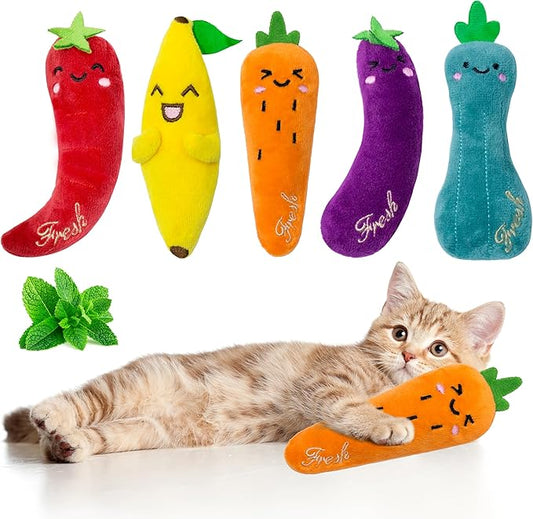 Catnip Toys for Indoor Cats, 5 Pack Cat Toys for Cats, Fluffy Catnip Toys for Chewing Playing, Interactive Kitten Toys, Catnip Filled Kitty Chew Teething Toys, Cat Chew Toys, Vegetable,5 pcs