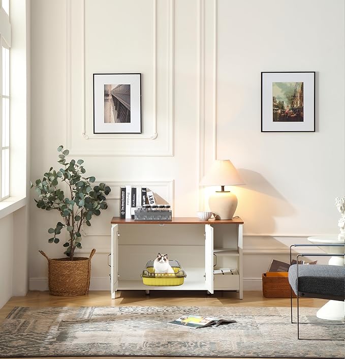 41.3'' Cat Litter Enclosure,Adjustable Shelf for Dog Proof and Storage,Locks Added for Cat, Litter Collector,Small Indoor Cat House,Antique White