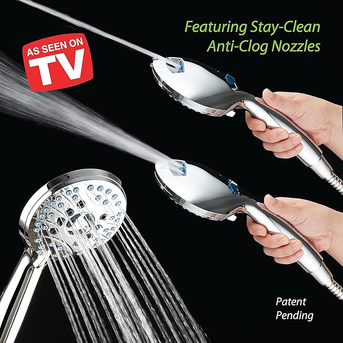 Hotel Spa AquaCare High Pressure 8-Mode Handheld Shower Head - Anti-clog Nozzles, Built-in Power Wash to Clean Tub, Extra Long 6 ft. Stainless Steel Hose, Wall & Overhead Brackets