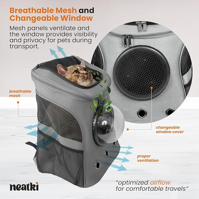 Cat Backpack Carrier, Airline Approved, Space Capsule Bubble Design, Ideal for Cats & Dogs up to 28-35 lbs, with Strong Straps, Safety Zippers, Mesh, Comfortable for Hiking & Travel (Grey)