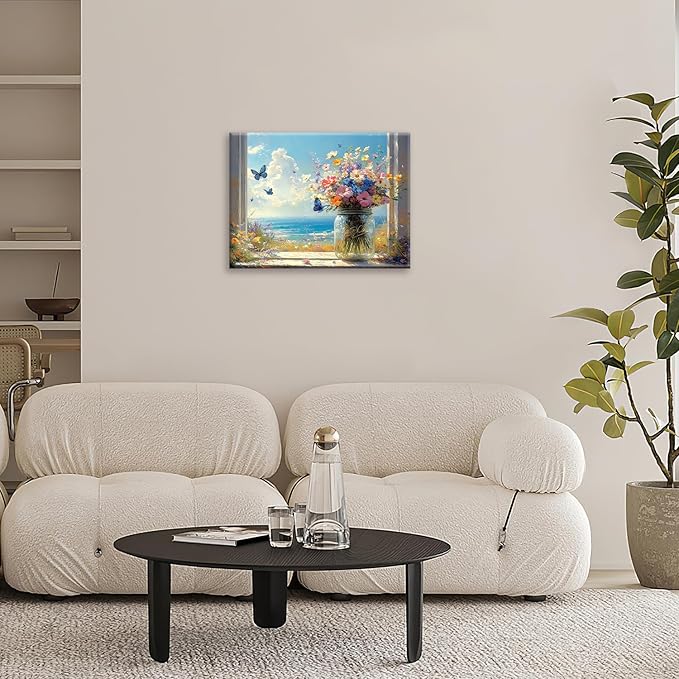 Beach Floral Bathroom Pictures Wall Art, Colorful Flower Bathroom Wall Decor, Coastal Ocean Framed Painting Canvas Artwork for Bedroom Living Room Decorations 16"L x 12"W