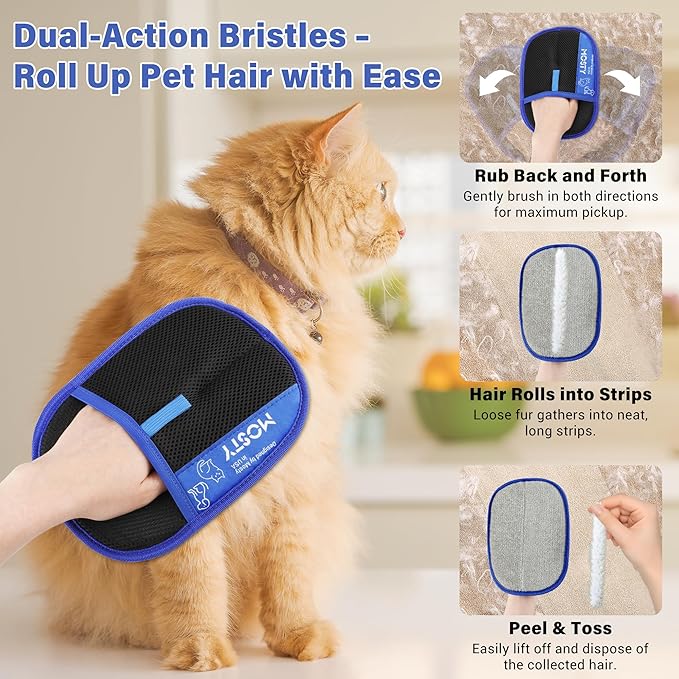 2Pcs Pet Hair Removal Glove,Double Sided Electrostatic, Reusable Cat & Dog Hair Remover Mitt for Furniture, Couch, Carpet, Car Seat, Quick Cleaning Grooming Glove