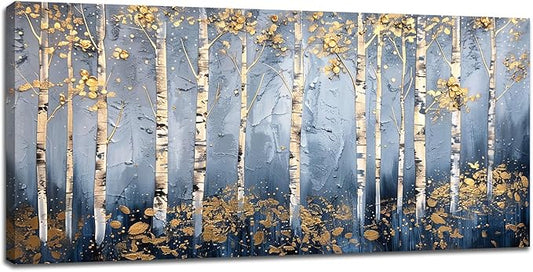 Large White Birch Wall Art Forest Golden Leaves Canvas Living Room Nature Landscape Pictures Framed Prints Oversize Wall Decor Painting Artwork for Bedroom Dining Home 60"x30"