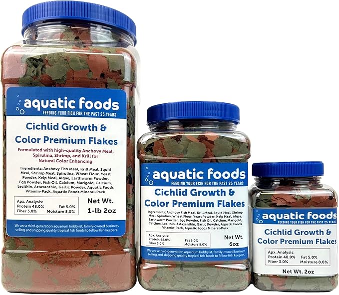 Aquatic Foods Inc. Premium Cichlid Growth and Color Enhancing Flakes with Spirulina, Color Enhancing Astaxanthin Also Pellet Mix, Wafer Mix Included…2oz