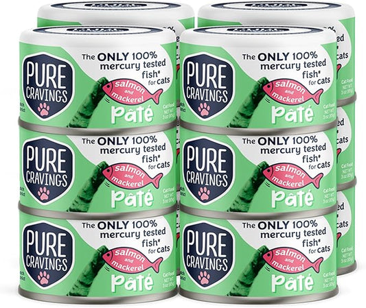 Salmon and Mackerel Pate, Canned Wet Cat Food, 100% Mercury-Tested, Moist Can Fish, Grain-Free Protein, Non-GMO, 12 Pack