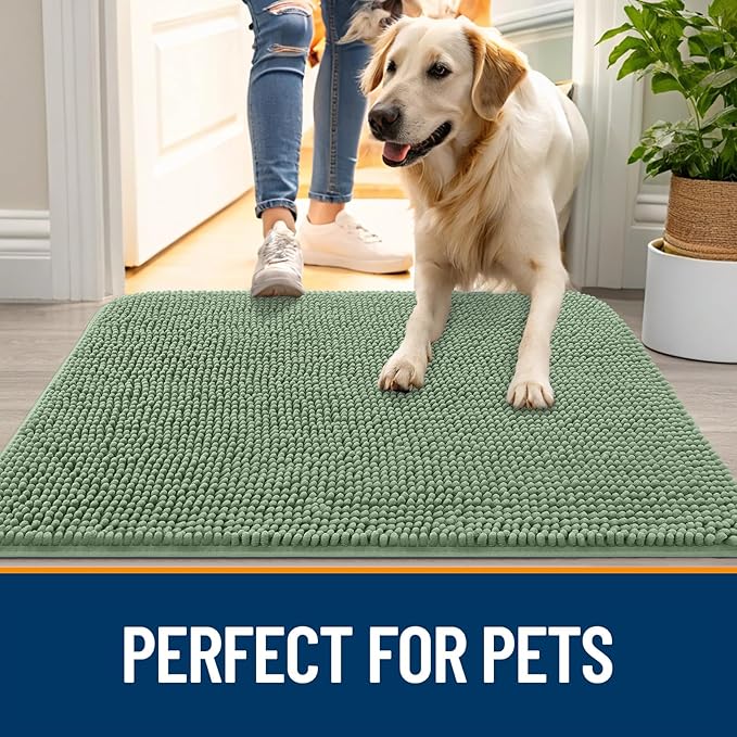 OLANLY Dog Door Mat for Muddy Paws 59x24, Absorbs Moisture and Dirt, Absorbent Non-Slip Washable Doormat, Quick Dry Chenille Mud Mat, Entry Indoor Entryway Carpet for Inside Floor, Olive Green
