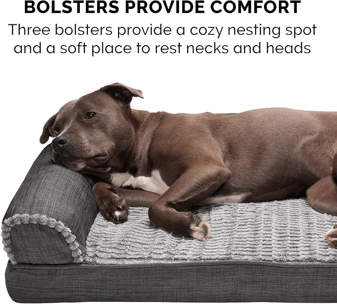 Furhaven Orthopedic Dog Bed for Large Dogs w/ Removable Bolsters & Washable Cover, For Dogs Up to 125 lbs - Luxe Faux Fur & Performance Linen Sofa - Charcoal, Jumbo Plus/XXL