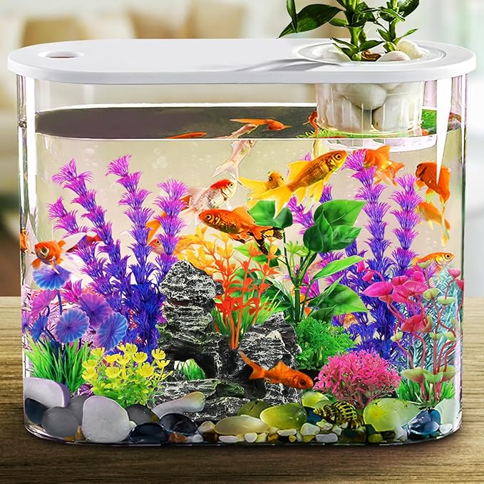 Fish Tank Accessories Aquarium Decorations Plants, 9pcs Colorful Fish Tank Artificial Plants and Cave Rock Decor Set, Aquarium Decor Plastic Plants