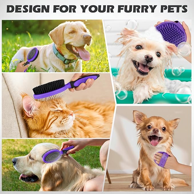 2PCS Pet Grooming Tools - Double-Sided Brush for Shedding and Bathing, Suitable for Short/Long Haired Dogs Cats and Horses, Deshedding Dog Brush, Mane & Tail Combs for Horses - Pet Supplies (Purple)