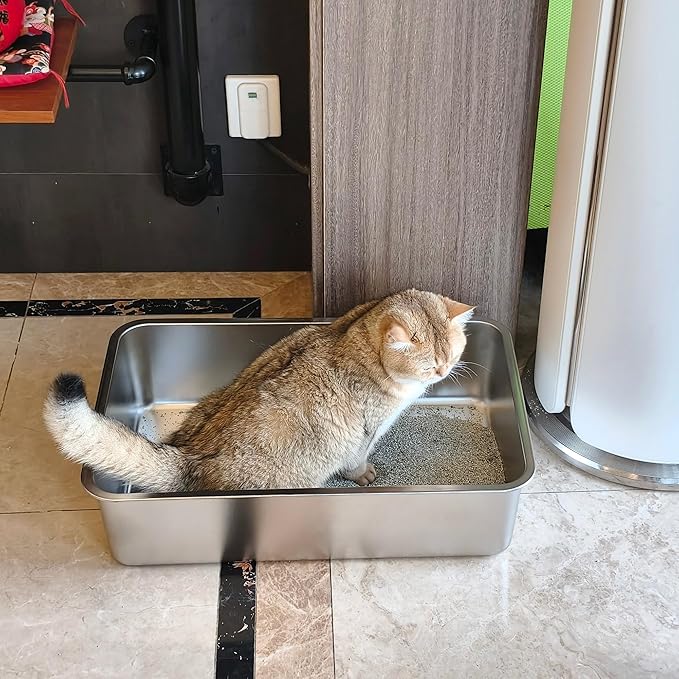 Stainless Steel Litter Box 2 Pack-XLarge Metal Litter Box-High Sided Cat LitterBox for Adult Big Cats, Stainless Steel Cat LitterBoxe 6IN Deep- Easy to Clean,Non Stick, No Smell
