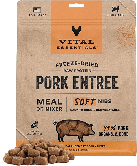 Vital Essentials Freeze-Dried Raw Pork Meal or Mixer Cat Food Soft Nibs | 99% Pork, Organs & Bone | 12 oz