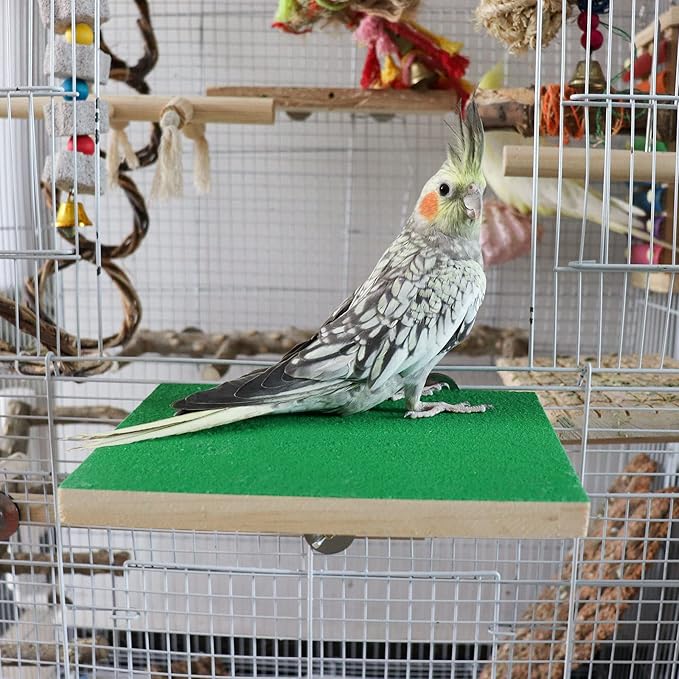 7.9×5.9 Inches Large Bird Perch Stand Platform, Natural Wooden Bird Cage Accessories, Bird Stand Perch with Rough Quartz Sand Surface for Parrot, Parakeet, Budgies, Cockatiel, Rats