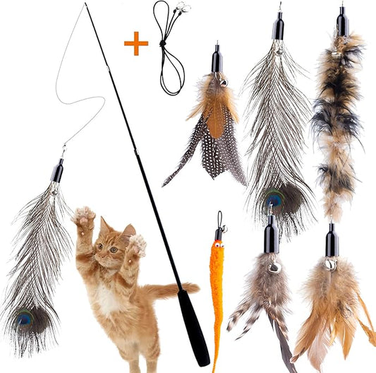 Retractable Cat Wand Toys - Interactive Feather Wand with Bell for Indoor/Outdoor Cats, 8 Pack