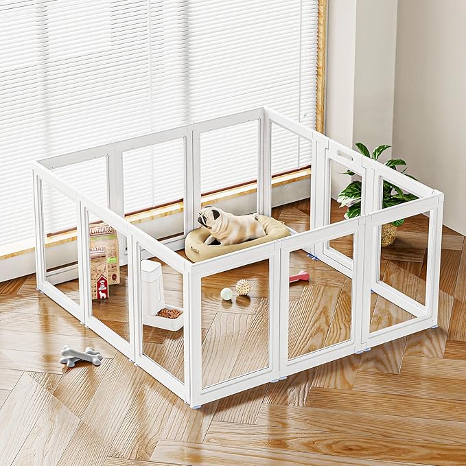 Clear Acrylic Dog Playpen Transparent Dog Playpen Indoor, Easy Assemble Clear Pet Pen for Puppy Bunny Cat Pig, Sturdy & Easy Cleaning Plastic Dog Puppy Fence (30" H, 12PCS)
