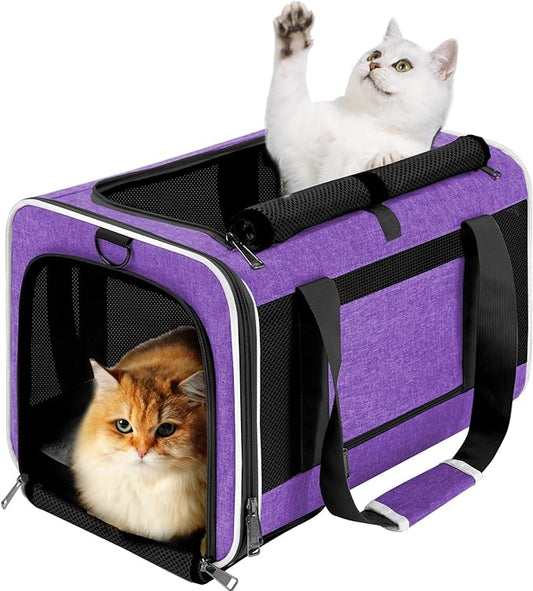 Pet Carrier for Large Cat 20 lbs+ / Soft Sided Small Dog 12 Pounds Travel Crate Top Load/Collapsible Kitty Carry Bag Big Kitten Mesh/Sturdy Animal Transport cage Kennel Long Trips Purple