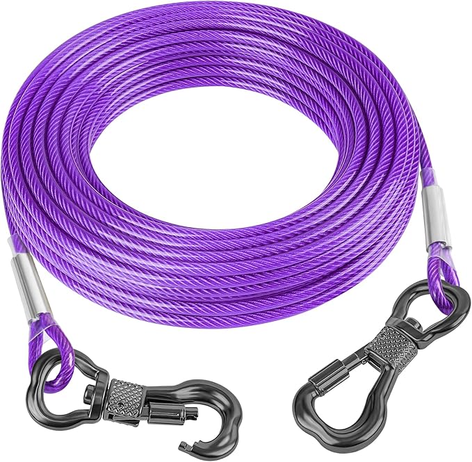 Tresbro 20FT Reflective Tie Out Cable for Dogs Up to 250 Pounds, Steel Wire Lead Leash Cable with Stainless Rotatable Buckle, Lightweight and Enduring, Dog Chains Outside for Outdoor, Yard, Purple