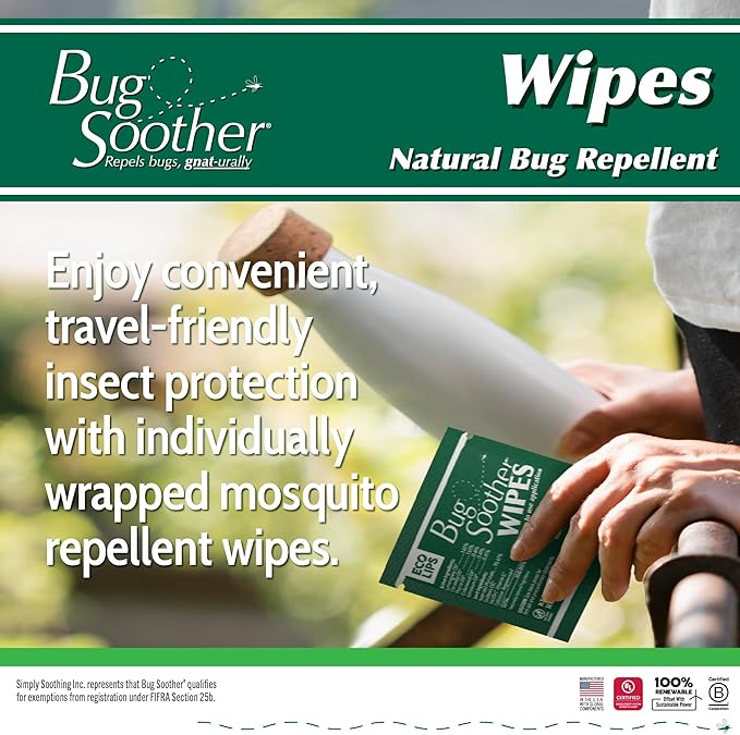 Bug Soother Wipes (15-ct) - Natural Mosquito Repellent & Deterrent - 100% DEET-Free Safe Single-Use Bug Wipes for Adults, Kids, & Pets - Made in USA