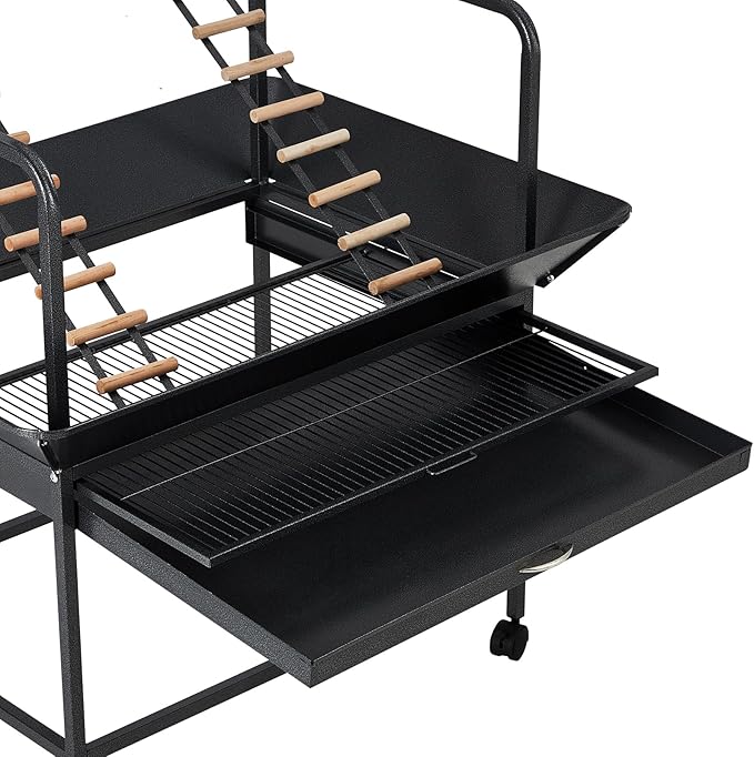 Bird Playstand, 66'' H Inch Birdcage Stand Activity Play Center with Perches and Ladders, Removable Tray, Indoor Outdoor Playground for Parakeet,Cockatiels Conures Parrots, Lockable Caster,Black