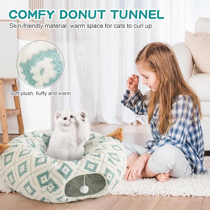 Cat Tunnel Bed with Soft Cushion, Cat Donut Tunnels for Indoor Cats, Peekaboo Cat Cave Toy, Multifunctional Playground Toys for Kittens, Rabbit, Blue Jacquard Pattern