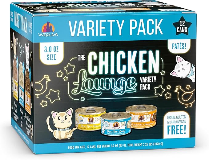 Weruva Wet Cat Food, The Chicken Lounge Paté Variety Pack, 3oz Can, Pack of 12