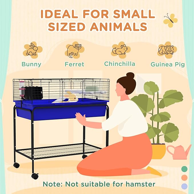 PawHut Two-Story Small Animal Cage Removable from Stand, Guinea Pig Cage with Shelf & Wheels, Pet Habitat for Hedgehog, Chinchilla, Ferret, 33" x 18.5" x 35", Blue