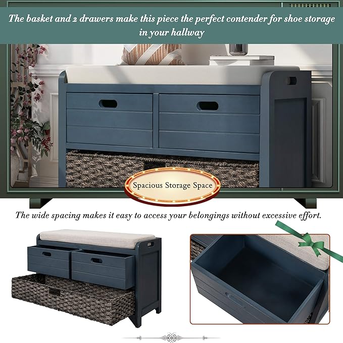 Storage Bench Removable Basket 2 Drawers Fully Assembled Acacia Wood Shoe Bench Standing Shoe Rack Removable Cushion for Living Room, Entrance Hallway, No Assembly Required Navy