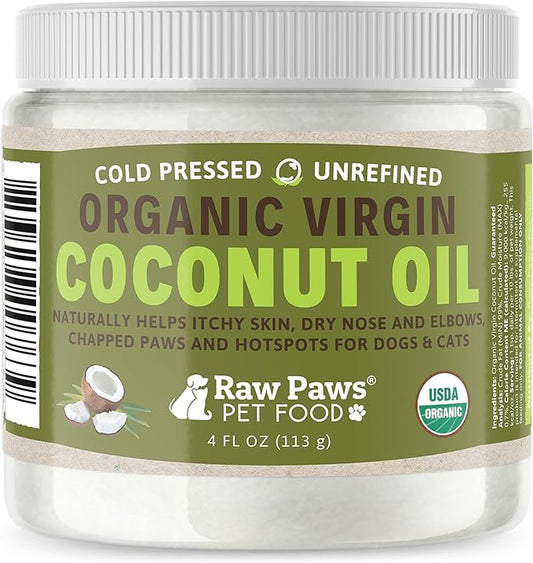 Raw Paws Virgin Organic Coconut Oil for Dogs & Cats, 4-oz - Treatment for Itchy Skin, Dry Nose, Paws - Hot Spot Lotion - Natural Hairball Remedy for Cats