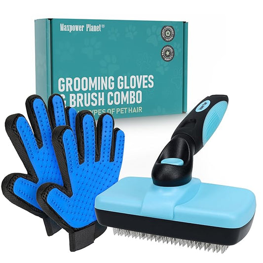 Maxpower Planet Pet Grooming Brush - Double Sided Shedding and Dematting Undercoat Rake Comb for Dogs and Cats,Extra Wide (C1 - Brush & Gloves, Large)