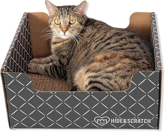 HIDE & SCRATCH Cat Scratcher Box and Cat Bed with Refillable Double-Sided Cardboard Scratch Pad for Indoor Cats