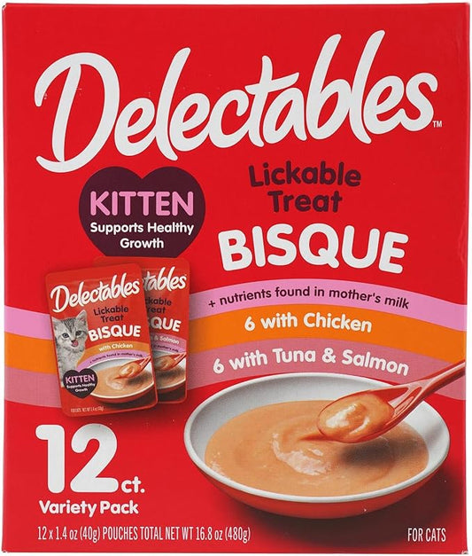 Hartz Delectables Bisque for Kittens, Complete & Balanced Variety Pack Cat Wet Lickable Treats, 12 Count