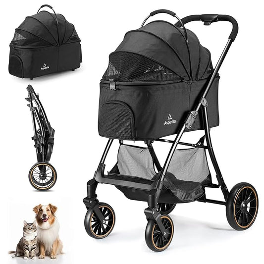Pet Stroller for Small/Medium Dogs & Cats up to 55 lbs, Upgraded 4 Wheels Dog Stroller for Large Dogs, 3-in-1 Foldable Portable Travel Carrier for 2 Cats with Storage Basket and Cupholder