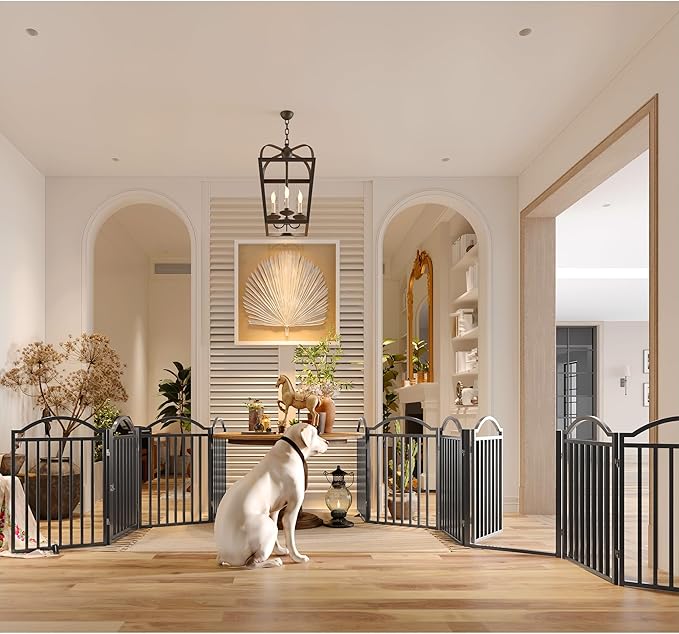 BHG Metal No-Assembly Freestanding Dog Gate with Door Walk Through, Extra Wide 144", Extra Tall 32" Pet Gate, Accordion Puppy Folding Playpen Dog Fence for Indoor & Outdoor, with 2PCS Support - Black