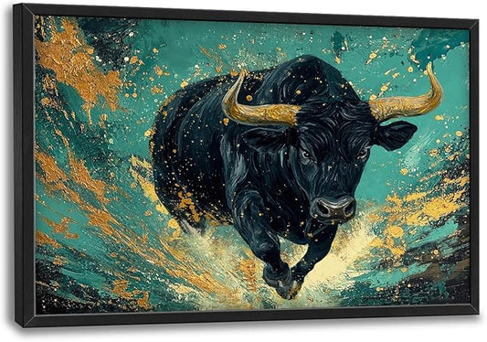 Large Bison Buffalo Wall Art for Living Room, Framed Oversized Bull Wall Decor, Abstract Teal and Golden Canvas Painting Modern Artwork for Living Room Bedroom Office Dining Room 36"x24"
