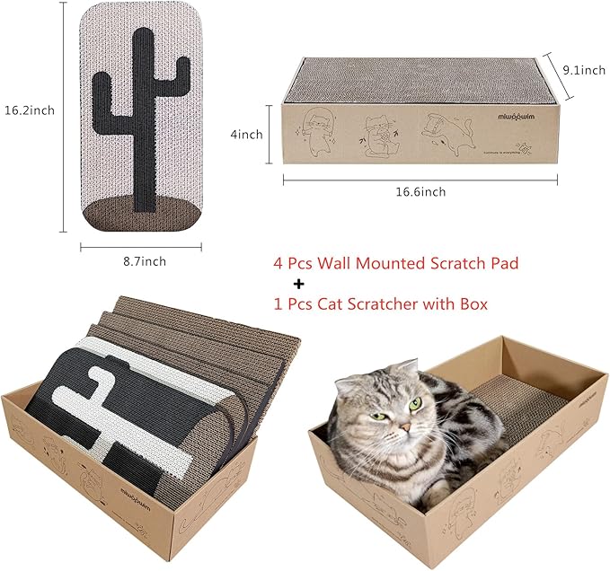 4 Pcs Cat Scratcher Wall Mounted Scratch Pad +Cat Scratcher Box Door Cat Nail File Scratcher for Wall Modern Cute Cardboard Vertical Cat Scratching Post, Furniture Protector