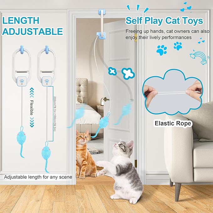 Cat Toy, Upgraded Smart Interactive Cat Toys with Remote Control, USB Rechargeable Door Hanging Retractable Kitten Toy for Self Play, Teaser Electronic Feather Cat String with 3 Plush Mice