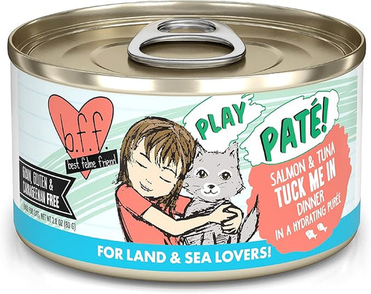 Weruva B.F.F. Play - Best Feline Friend Paté Lovers, Aw Yeah!, Salmon & Tuna Tuck Me in with Salmon & Tuna, 2.8oz Can (Pack of 12)