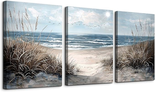 TTHYUEWS Canvas Wall Art For Living Room Wall Decor For Bedroom Modern Office Canvas Art Office Decor Blue Sea Beach Wall Paintings Prints Pictures Artwork Ready To Hang Home Decor 16" X 24"3 Piece