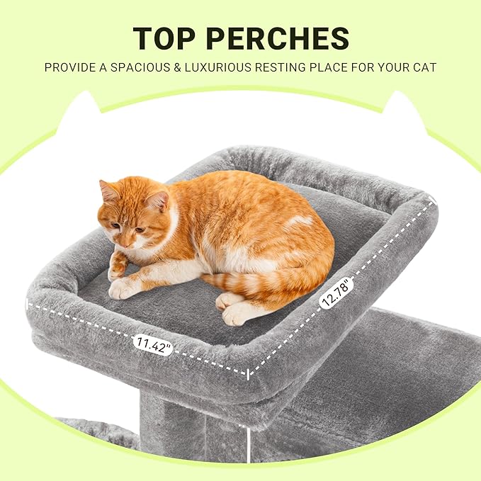 Allewie 64 Inches Cat Tree Tower/Multi-Level Activity Center for Indoor Big Felines/2 Plush Condos/2 Perchs/Basket/House/Sisal Scratching Posts/Hanging Cat Toys/Grey