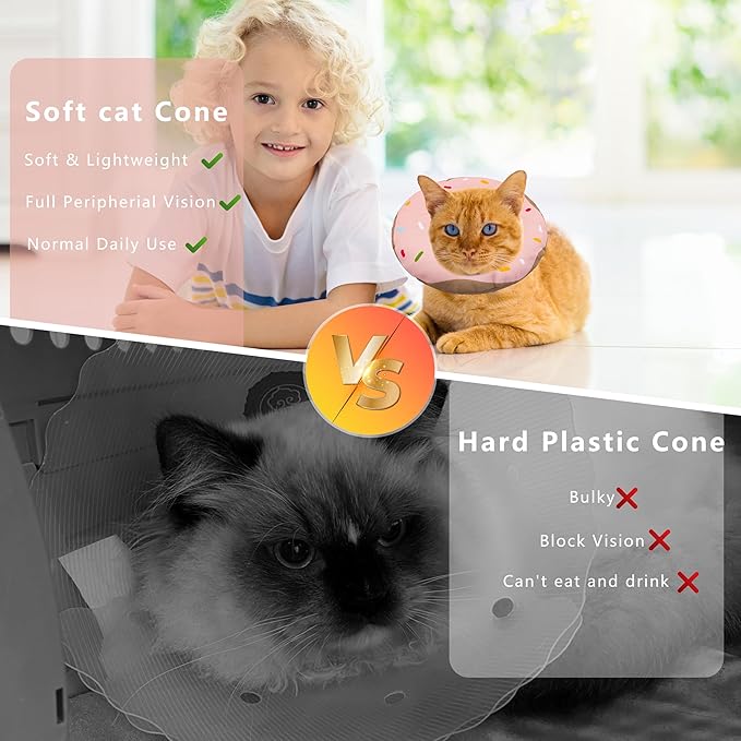 Cat Cone Collar Soft, Adjustable Cat Recovery Collar Kitten Cones to Stop Licking, Cute Donut E Collar After Surgery, Cats Neck Pillow Cone Elizabethan Cones of Shame (Waterproof Pink, Small)