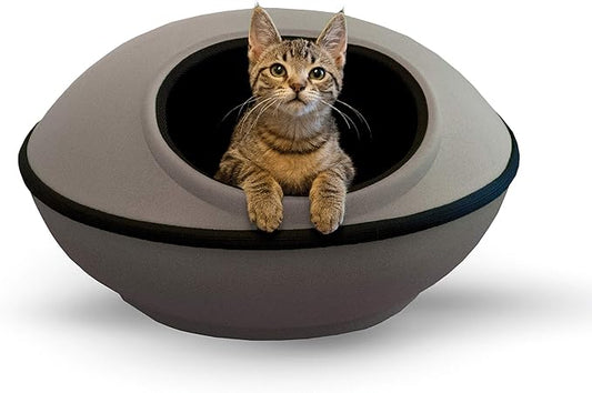 K&H Pet Products Unheated Kitty Mod Dream Pod Cat Bed for Large Cats or Small Dogs, Indoor Covered Privacy Cave, Collapsible, Easy Clean Washable Cushion - Unheated Round 22in Gray/Black