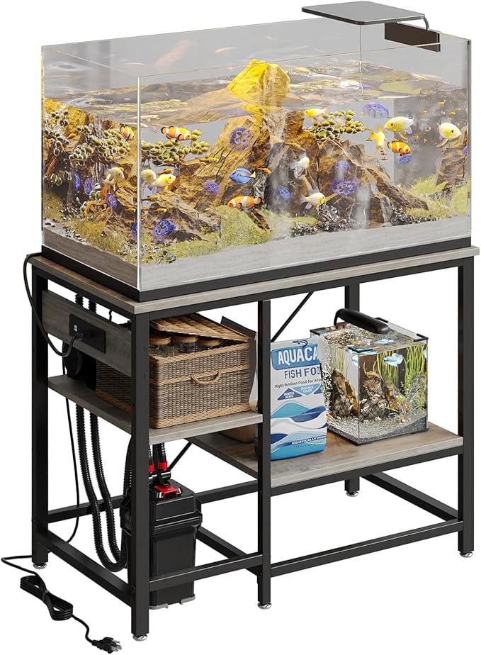 40-50 Gallon Fish Tank Stand with Charging Station, 36x19 Metal Aquarium Stand with 3-Tiers Adjustable Storage Shelves, 6-Legs Reptile Terrarium Stand, 660 LBs