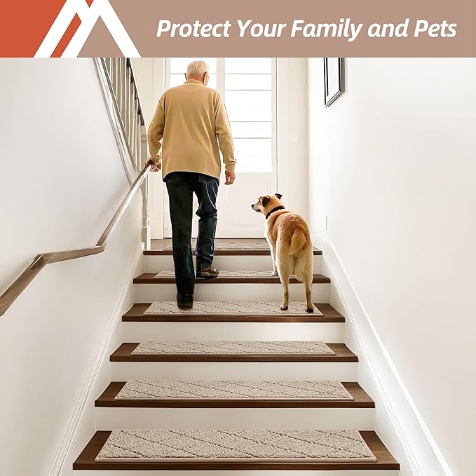 COSY HOMEER Edging Stair Treads Non-Slip Carpet Mat 28inX9in Indoor Stair Runners for Wooden Steps, Edging Stair Rugs for Kids and Dogs, 100% Polyester TPE Backing (7pc, Beige)