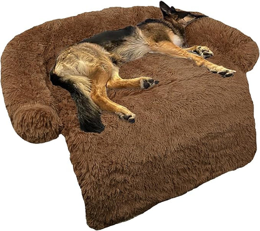 GGIB Calming Dog Bed Fluffy Plush Dog Mat for Furniture Protector with Removable Washable Cover for Large Medium Small Dogs and Cats (Large, Brown)