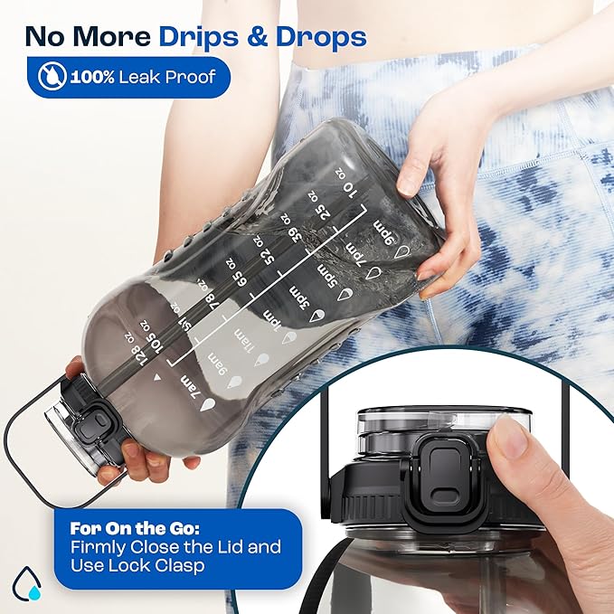 AQUAFIT 128 oz Water Bottle with Time Marker - 2in1 Straw & Chug Lid - BPA Free Big Jug with Straw - Gym Water Bottle with Strap (128 Ounces, Clarity)